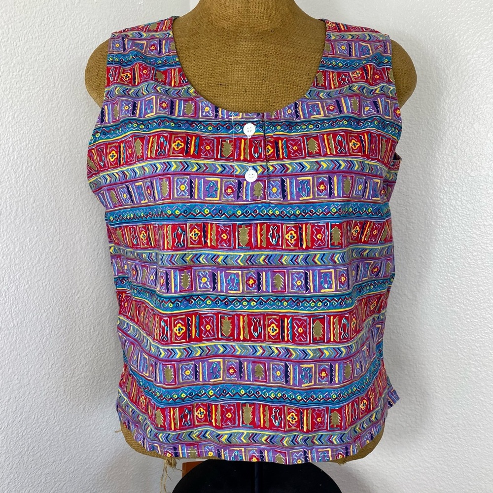 Vtg Columbia Sportswear Women's Tank Top Large Tribal Outdoor Print USA Cotton